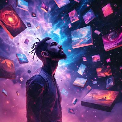 The primary subject of the image is a man with dreadlocks, who is surrounded by a multitude of colorful images. The setting appears to be a space or a futuristic environment, as the man is surrounded by various pictures and colors. The visual style of the image is a combination of digital art and illustration, creating a vibrant and dynamic scene. The colors and mood of the image are predominantly purple and blue, giving it a dreamy and surreal atmosphere.